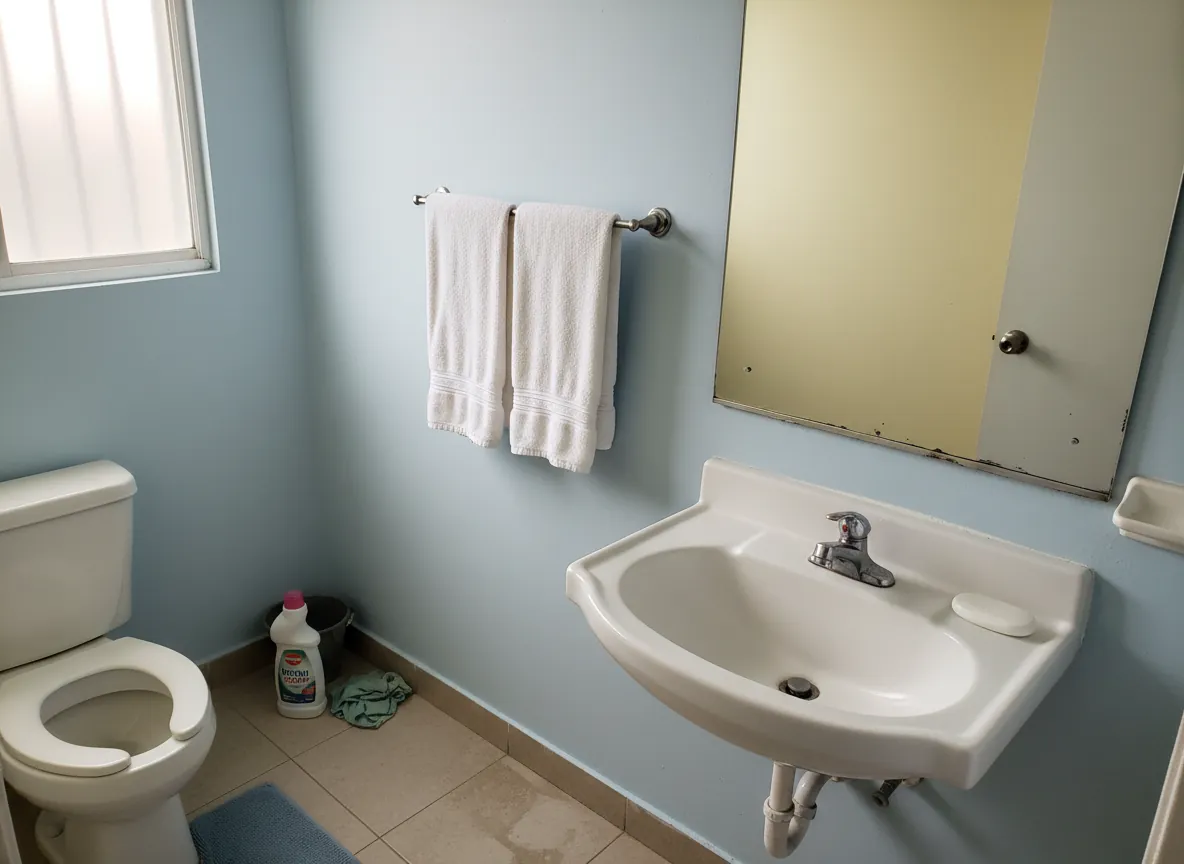 Baño de un departamento de demostración: junto al sanitario, un bote de limpiador, una cubeta y un trapo en el suelo; sobre el lavabo, un espejo con el borde gastado.